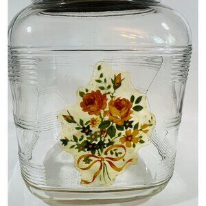 Vtg Square Glass Jar Canister #5223 Floral Decal Metal Lid Pink roses ribbon